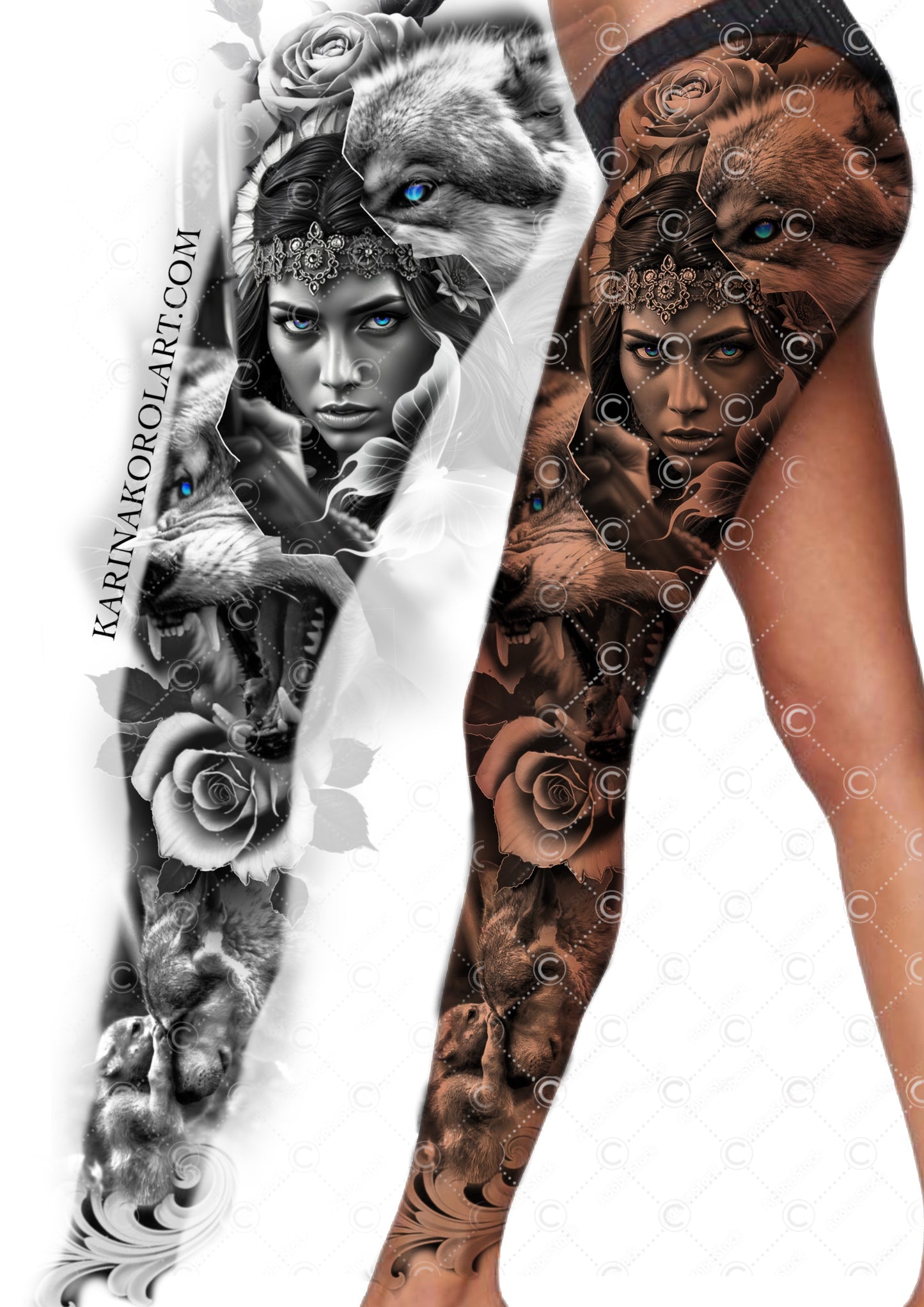 Native American wolf leg tattoo design