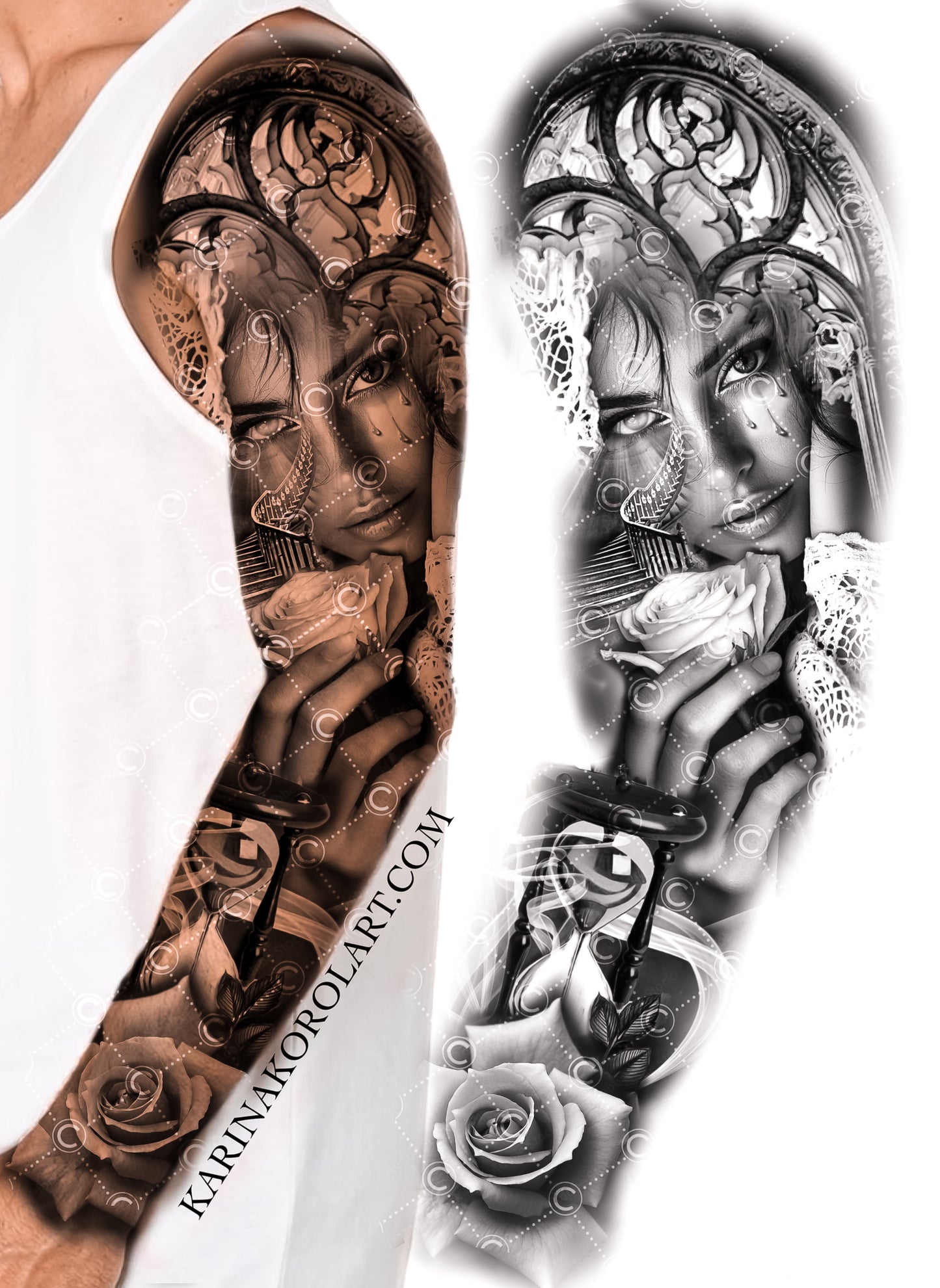 Church theme sleeve tattoo design