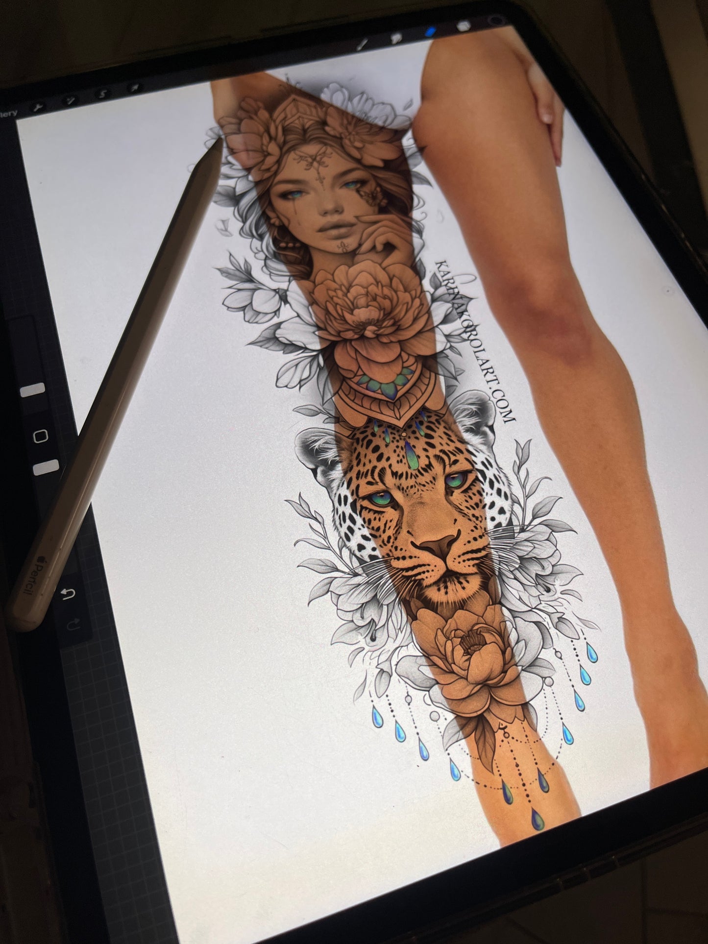Feminine leopard & lady leg tattoo design