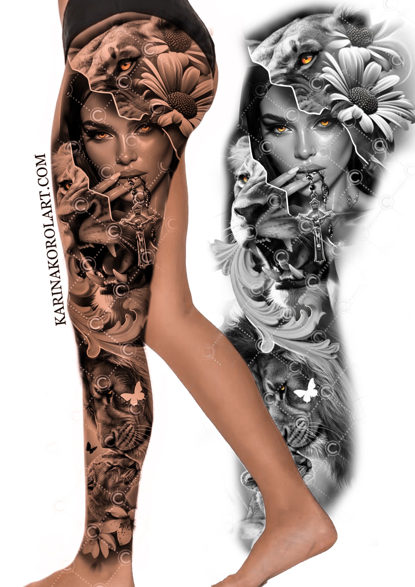 Feminine lion & lady leg tattoo design