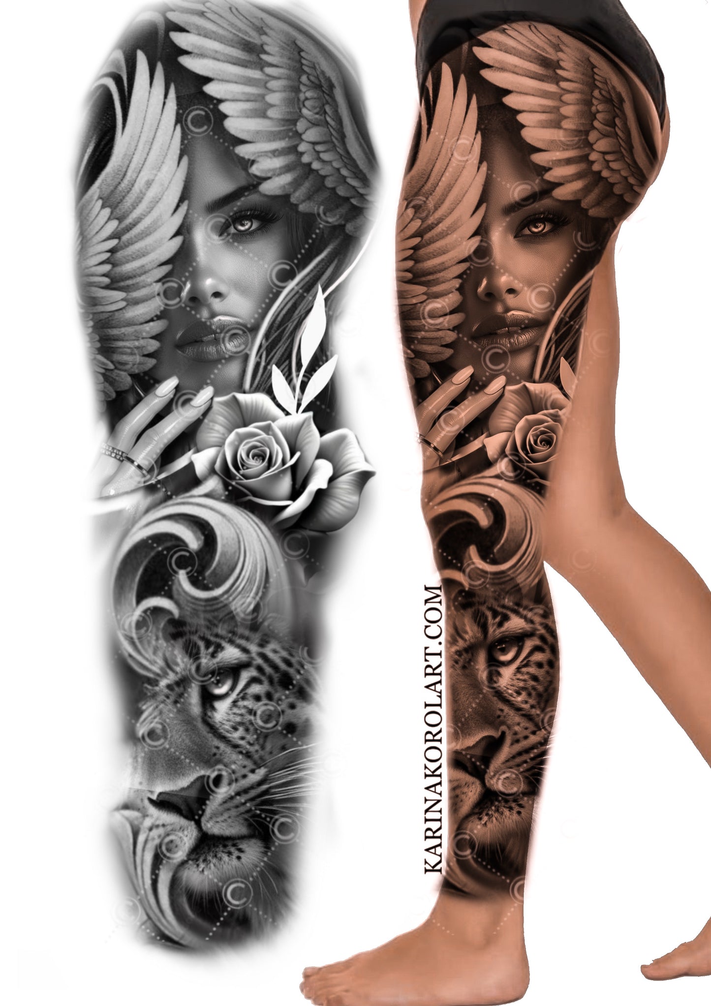 Feminine leopard & lady leg tattoo design