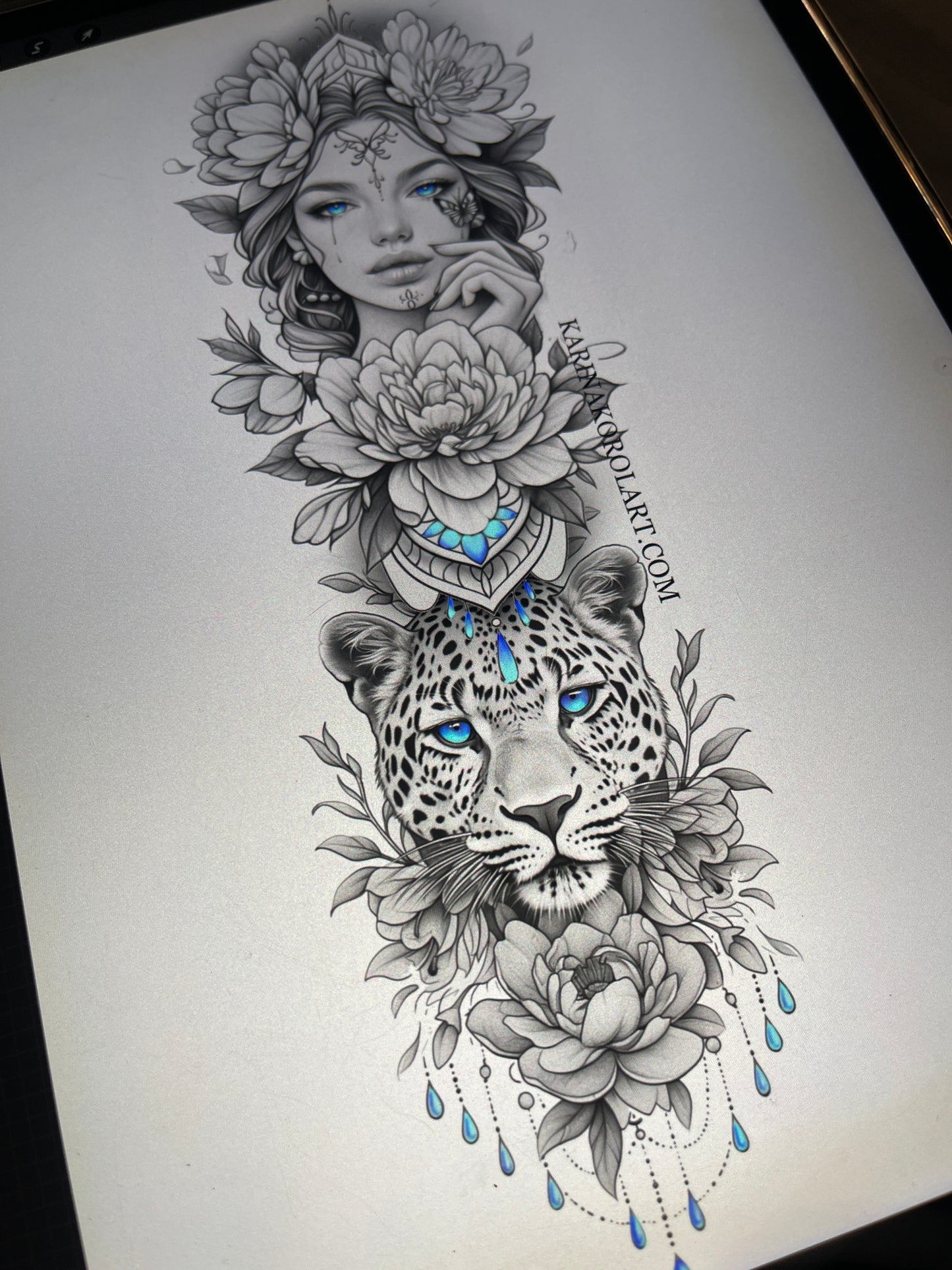 Feminine leopard & lady leg tattoo design