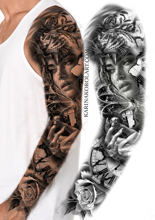 Tiger & lady sleeve tattoo design
