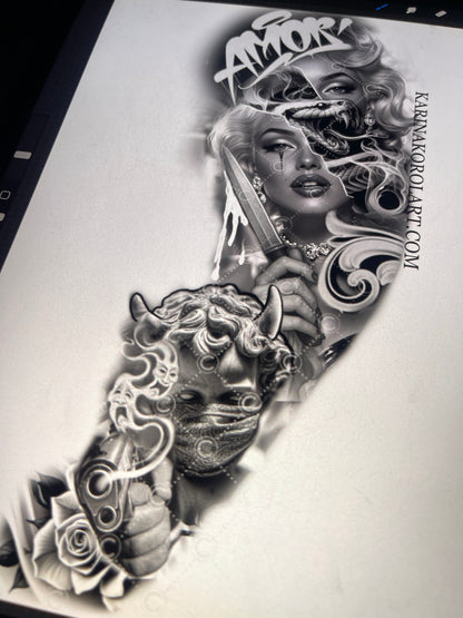 lady & cherub sleeve tattoo design