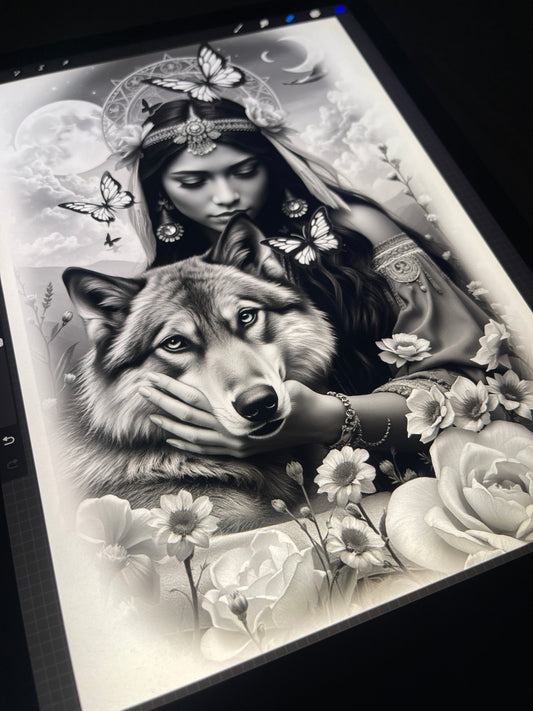 Wolf & lady tattoo design