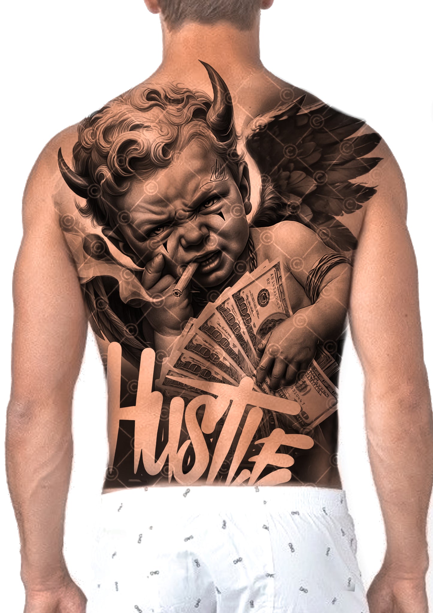 Hustle cherub back tattoo design