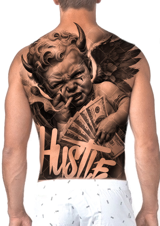 Hustle cherub back tattoo design