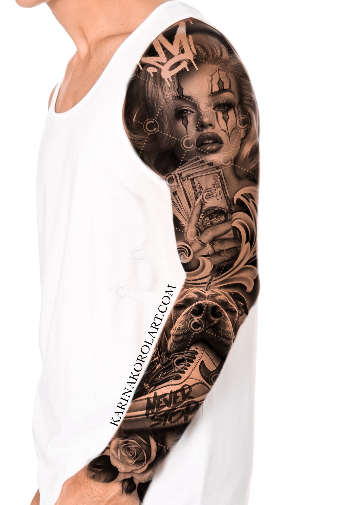Chicano lady & pitbull sleeve tattoo design