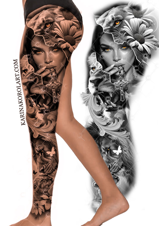 Feminine lion & lady leg tattoo design