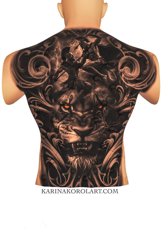 Lion & warrior back tattoo design