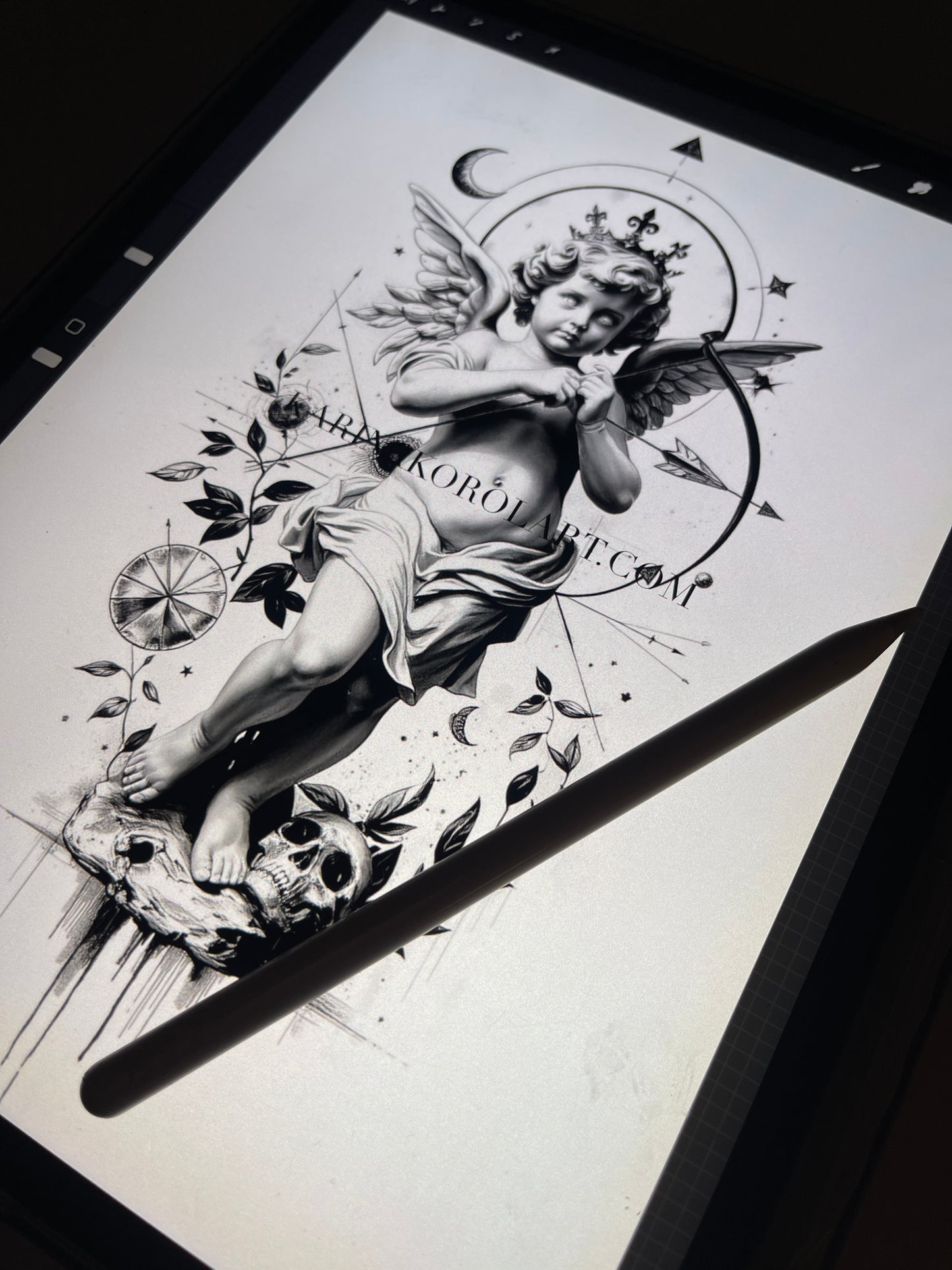 Fine line cherub tattoo design