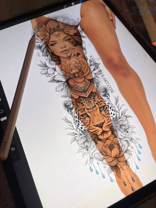 Feminine leopard & lady leg tattoo design
