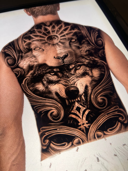 Wolf in sheep’s skin back tattoo design