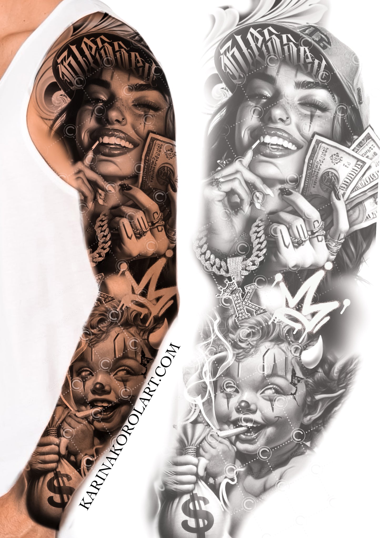Chicano lady & cherub sleeve tattoo design