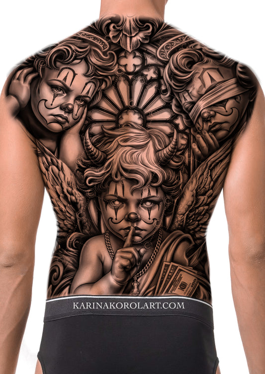 Hear/speak/see no Evil back tattoo design