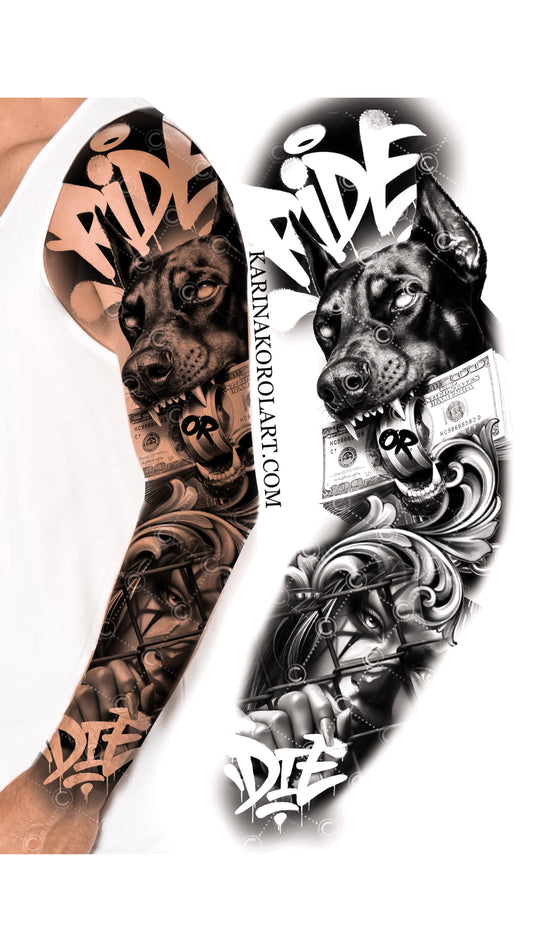 Doberman Ride or Die sleeve tattoo design