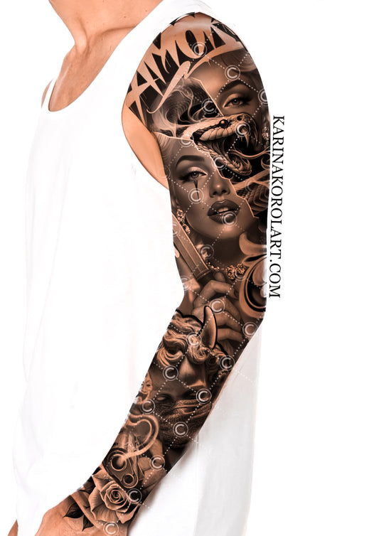 lady & cherub sleeve tattoo design