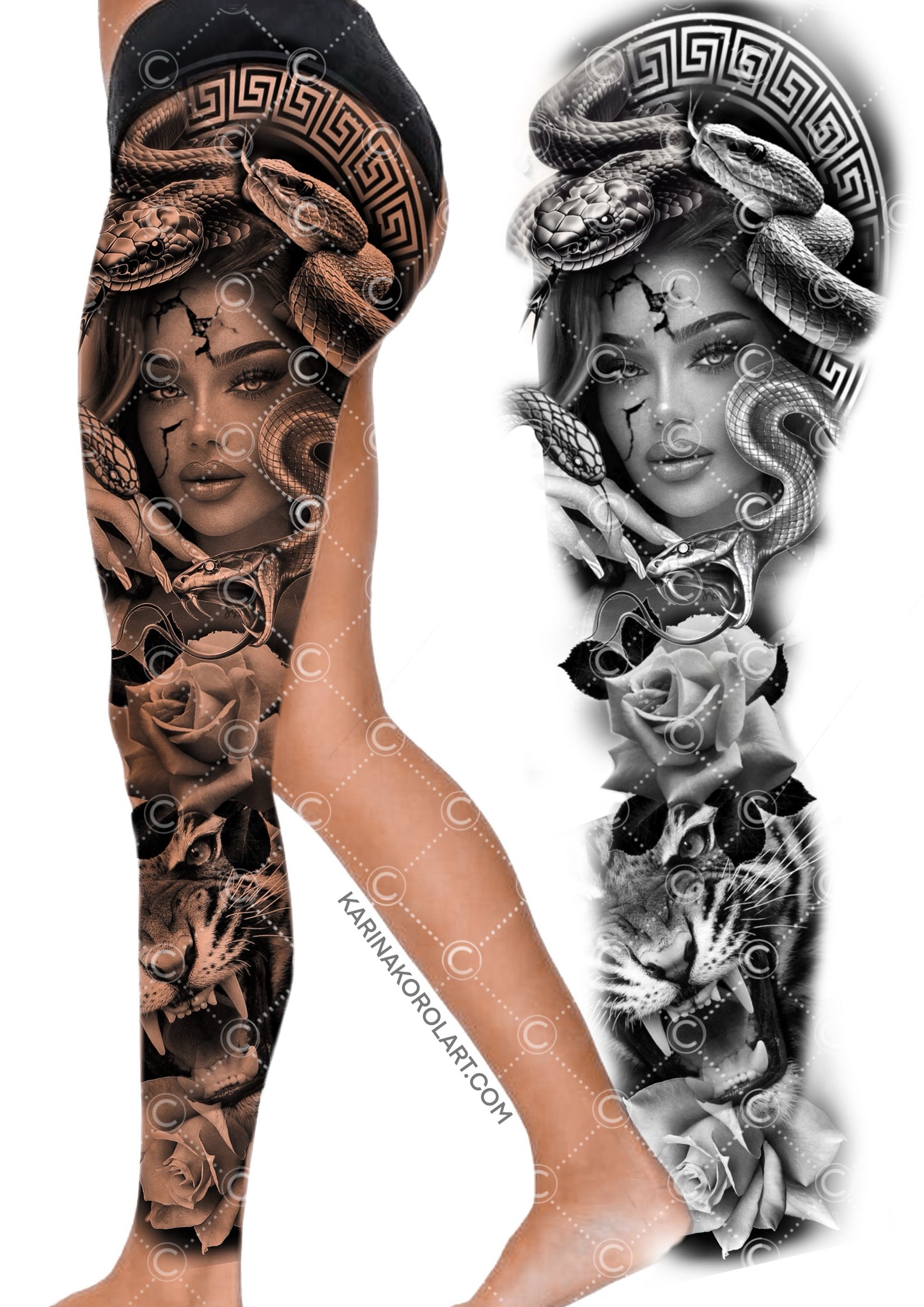 Diseño de tatuaje de manga de medusa y tigre