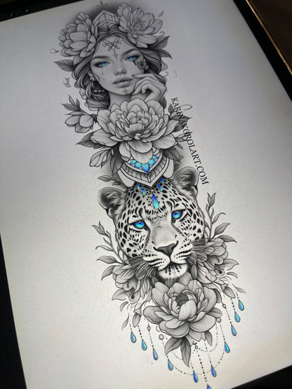 Feminine leopard & lady leg tattoo design