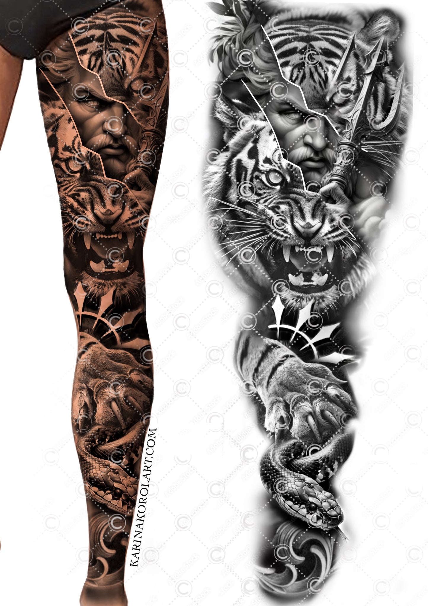 Diseño de tatuaje en la pierna con forma de tigre y serpiente