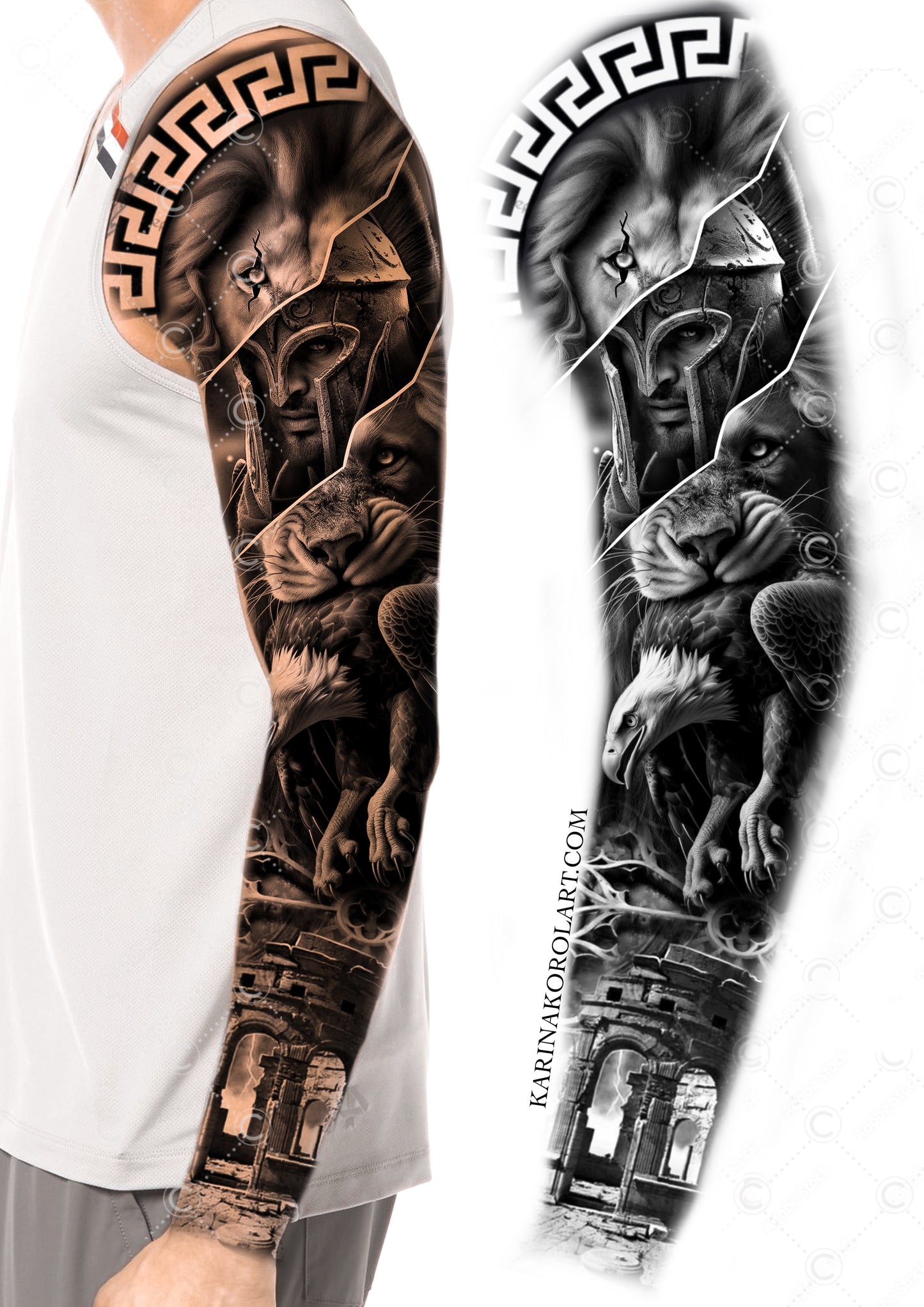 Warrior & Lion sleeve tattoo design