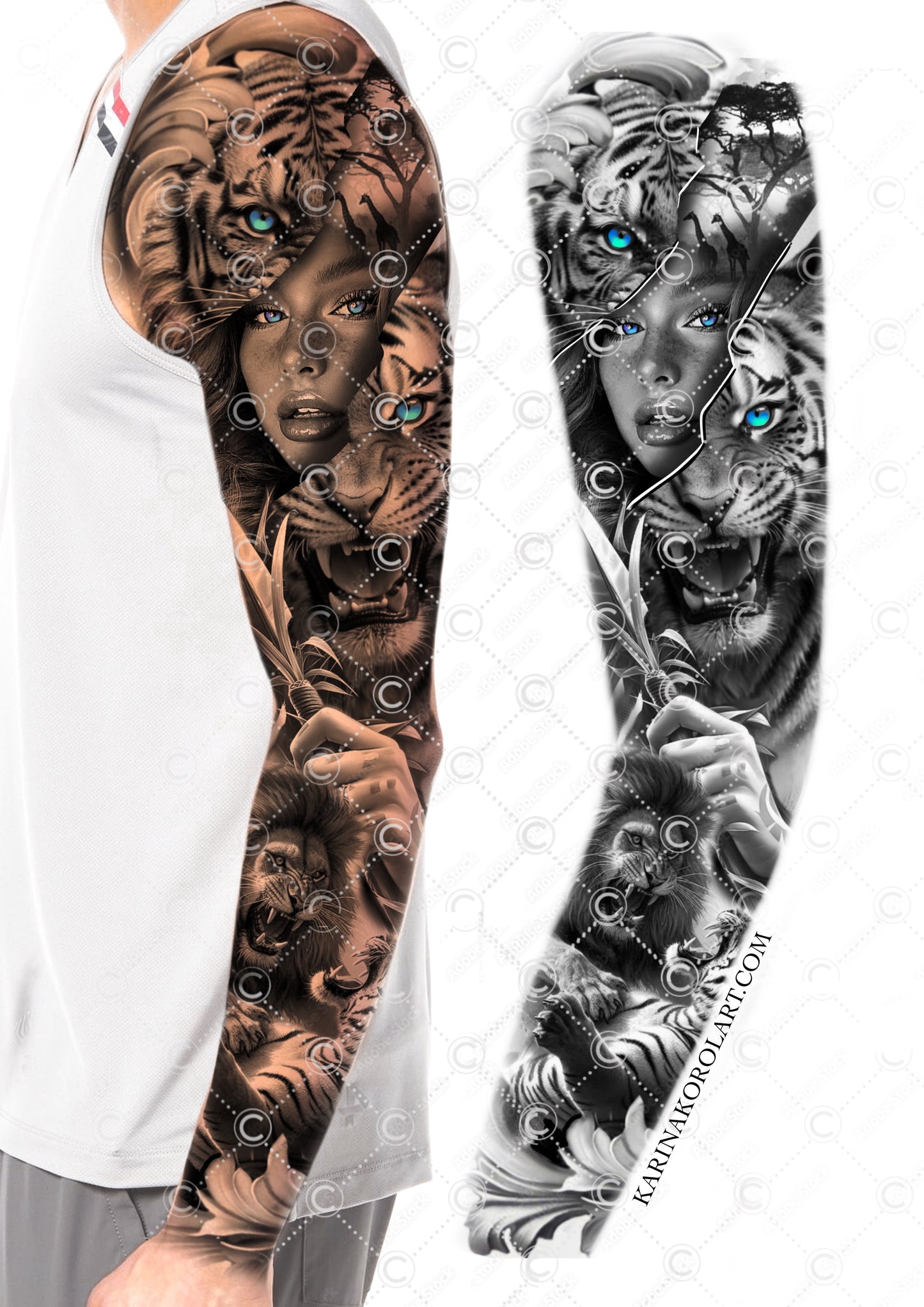 Diseño de tatuaje de manga de tigre y dama