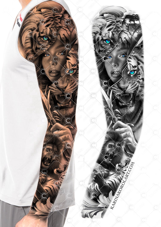 Diseño de tatuaje de manga de tigre y dama