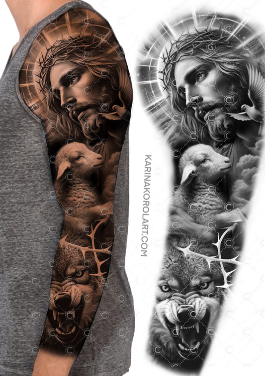 Diseño de tatuaje de manga de Jesús y lobo