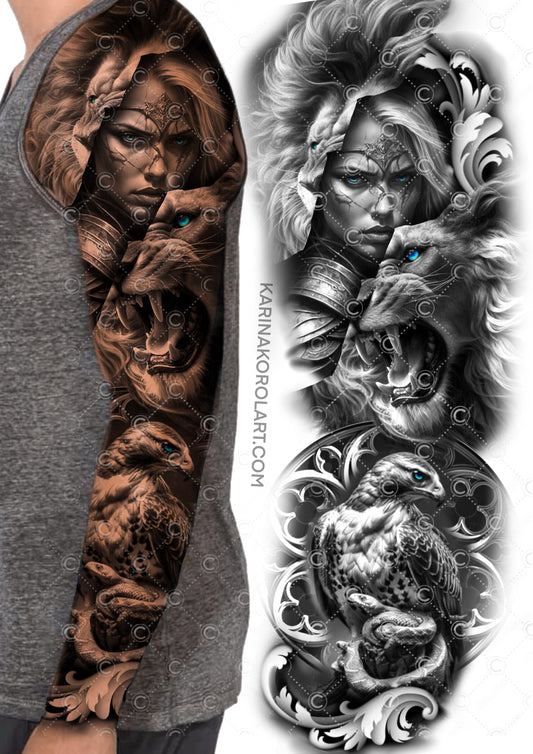 Lion & warrior sleeve tattoo design