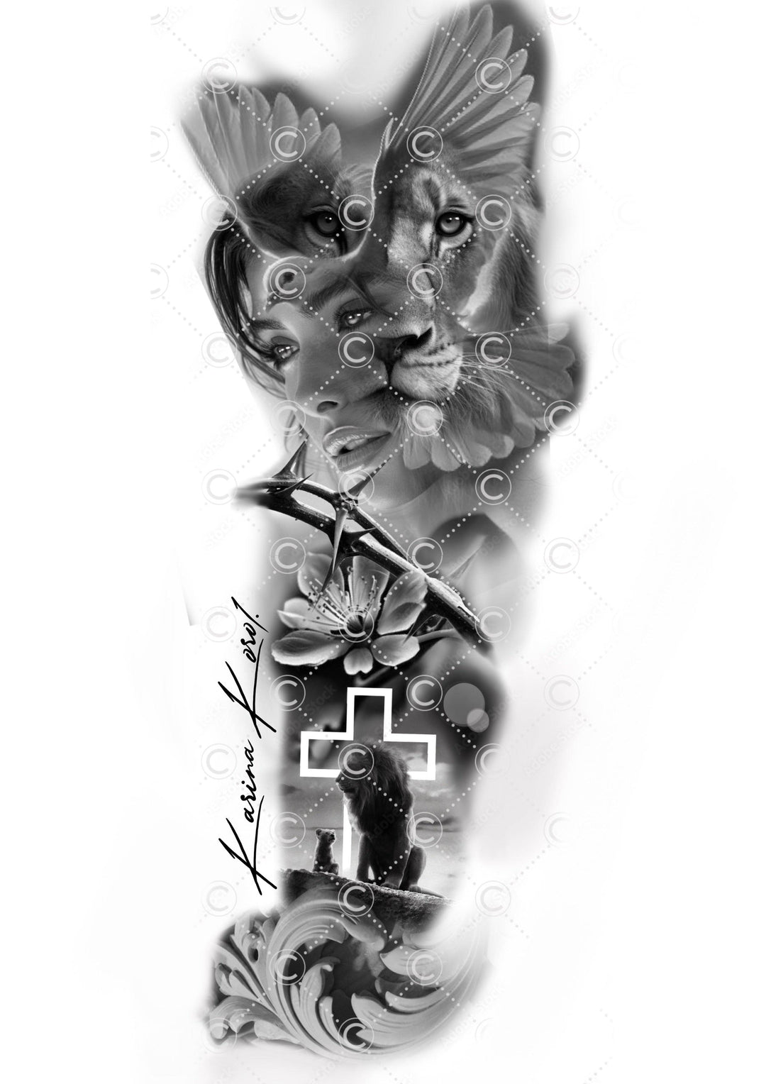Lion & Lady leg/hand sleeve tattoo design - Karina
