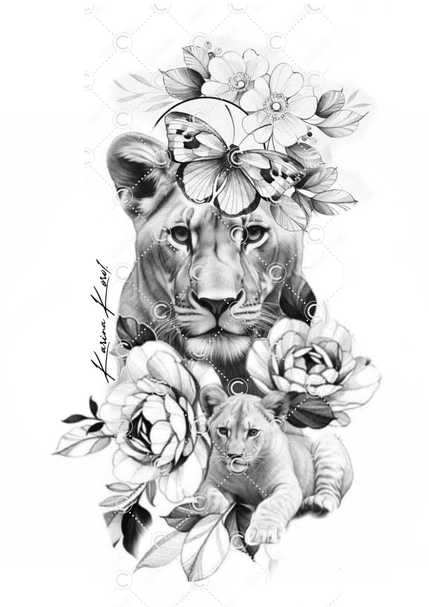 Feminine lioness tattoo design - Karina