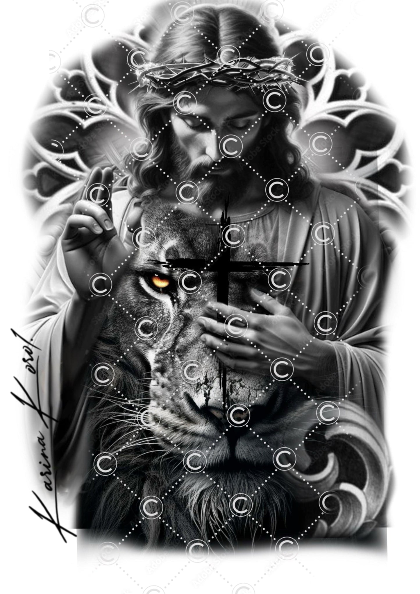 Jesus & Lion back tattoo - Karina