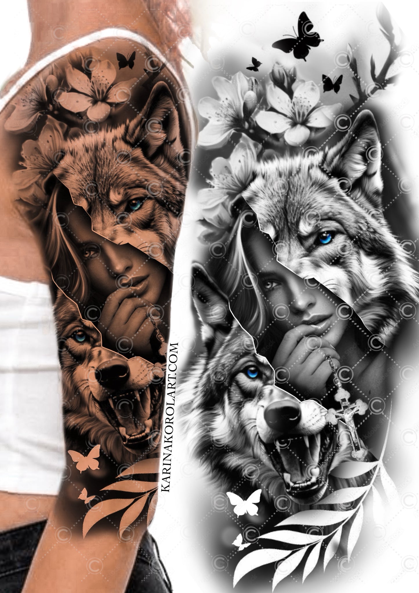 Diseño de tatuaje de lobo y dama