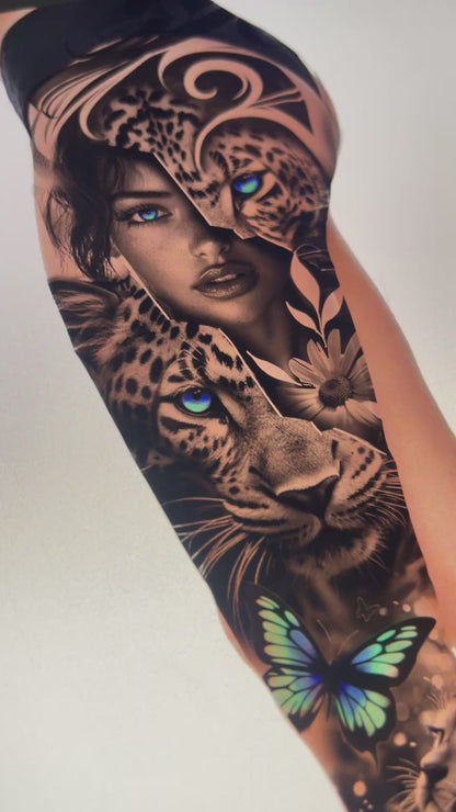 Leopard and Lady leg sleeve tattoo design